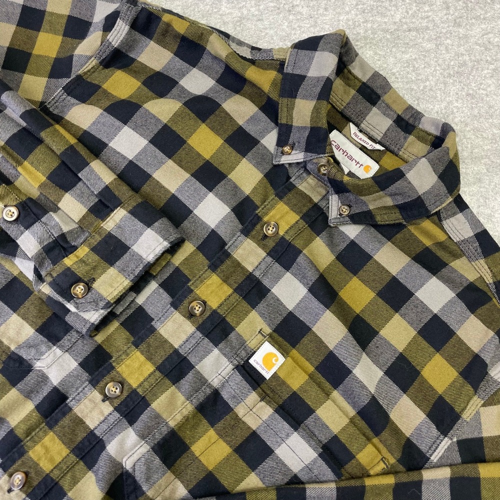 Carhartt Mens Relaxed Fit Plaid Flannel Shirt Olive Green Black M
